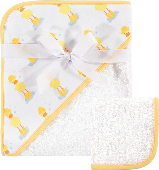 Hudson Baby Unisex Baby Cotton Hooded Towel and Washcloth, Duck, One Size