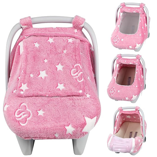 Car Seat Cover Baby Girls Boys, Soft Flannel Infant Carseat Cover with 2 Zipper Windows, Star Carrier Cover Canopy Glow in The Dark, Comfortable & Machine Washable, Hot Pink