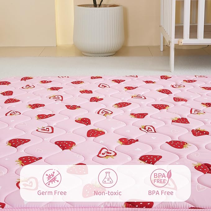 Viviland Baby Play Mats for Floor, Thicken Cushioning Padding Foam Playmate for Baby and Toddlers Infants, 71" x 59" Playpen Mat, Non-Slip & Machine Washable - Pink Strawberry