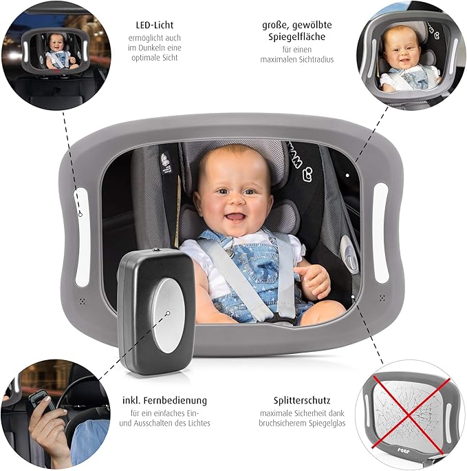 reer BabyView 86101 LED Car Safety Mirror - Your Baby in the Back Seat Always in View, Grey