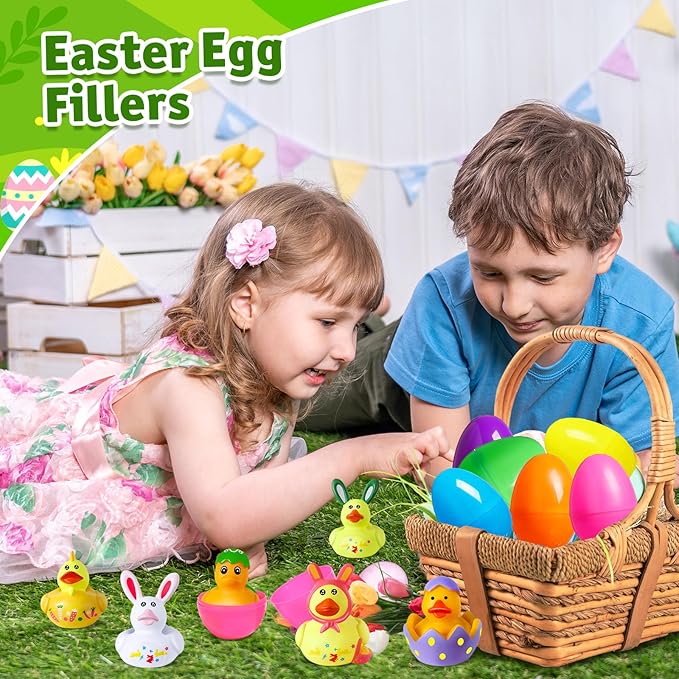 24 Pcs Prefilled Easter Eggs with Easter Rubber Ducks, Easter Basket Stuffers Party Favors, Fun Bath Toys Jeep for Ducks, Easter Egg Hunt, Holiday Classroom Gifts Prizes for Kids Toddler