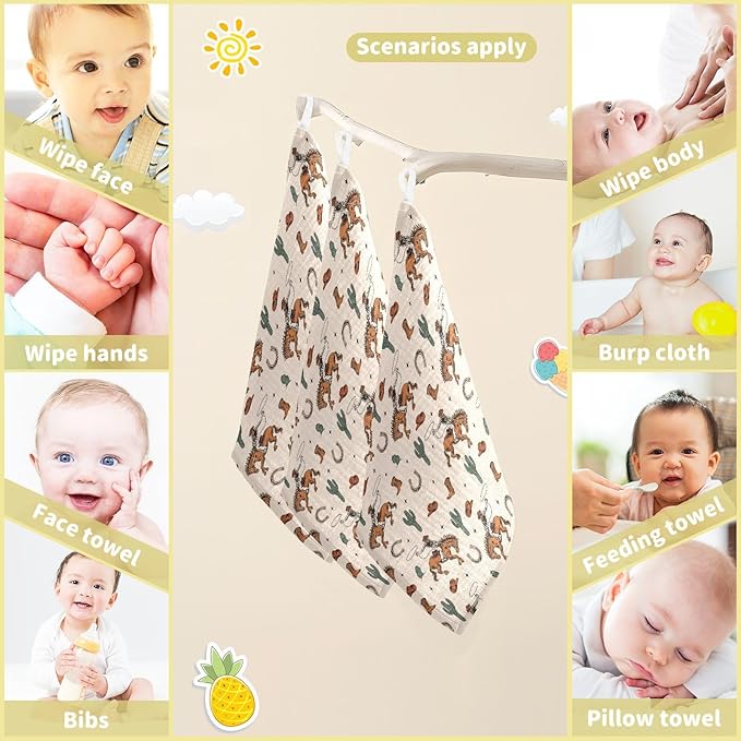 Newborn Face Towel Western Cowboy Cactus Soft Cotton Baby Washcloths 11.8 x 11.8 Inch Infants Girls Boys Muslin Burp Cloths 5 Pack