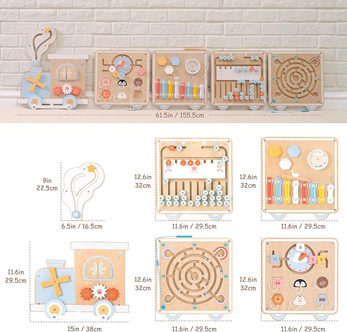 Pillowhale Train Activity Wall Busy Board, Wooden Montessori Sensory Toys, 12-in-1 Learning Activity Center for Playroom,Daycare, Nursery, Classroom, Educational Toys for Toddler