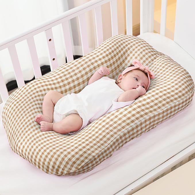 FUNUPUP Muslin Baby Lounger Cover Compatible with Snuggle Me Lounger, Infant Pillow Cover for Newborn, Removable Nest Slipcover for Boys and Girls, Only Cover, Beige and Plaid