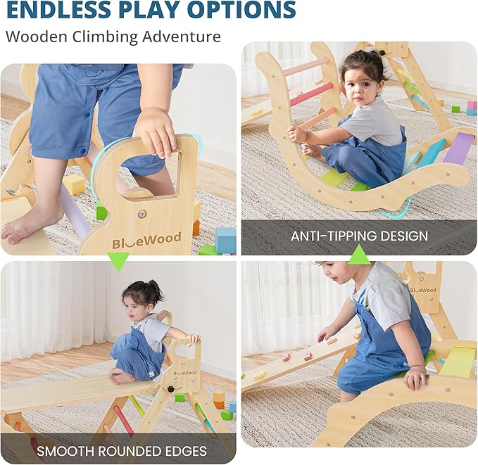 BlueWood 4 in 1 Indoor Jungle Gym, Foldable Wooden Climbing Set with Swing, Slide, Ladder and Climbing Wall