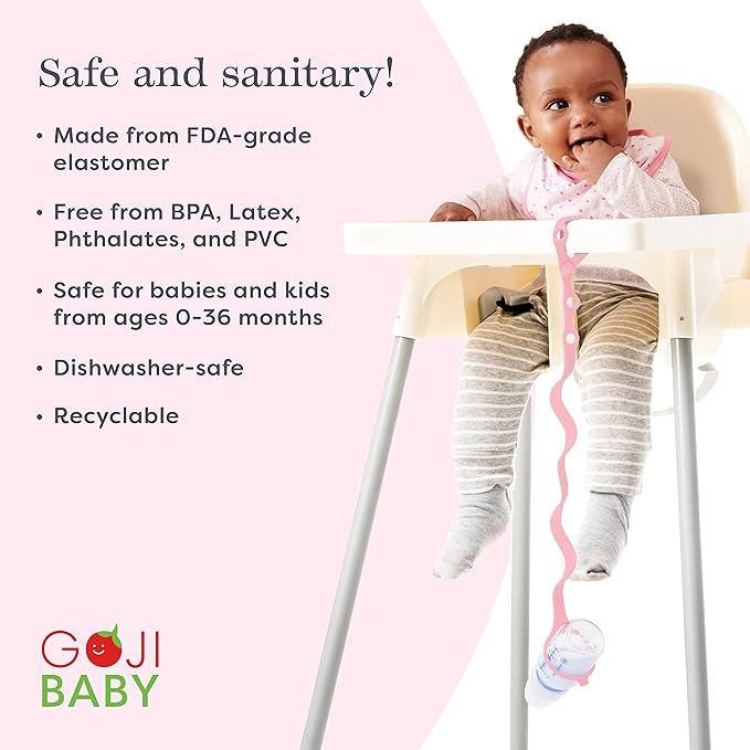 Bottle Bungee Cord Strap - Tether with Bungee Cord for Stroller - Dishwasher Safe Strap with Sippy Cup Leash Pink - Phthalate-Free Baby Bottle Leash - Pink, 0-36 Months