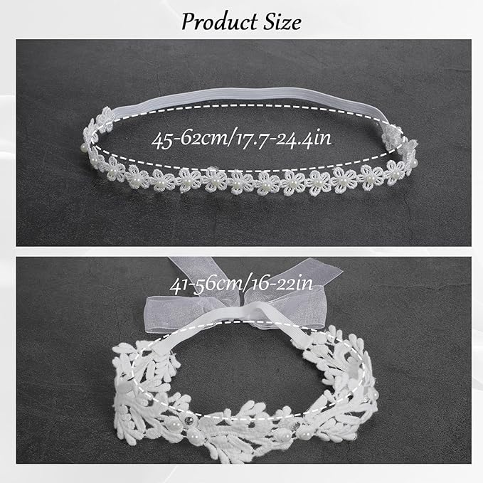 3 Pack White Flower Christening Headbands Elegant Flower Girl Headpiece for Baby Girl Elastic Nylon Soft Lace with Cute Tulle Pearl Hair Strap Baptism Halo Newborns Infants Toddlers 16-24in