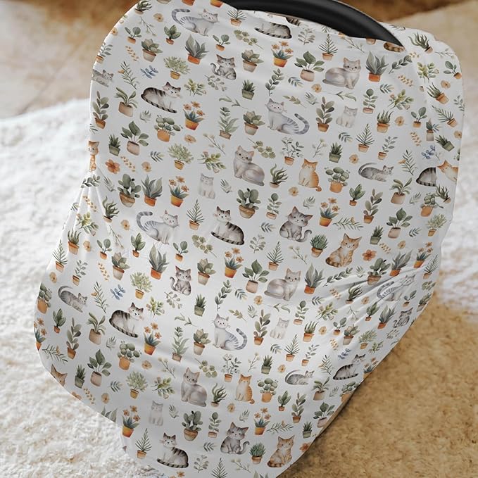 Watercolor Cats Tropical Houseplants Car Seat Cover for Babies Boho Neutral Kittens Stretchy 5-in-1 Cover Adjustable Car Canopy Breastfeeding Cover Cat Lover Gift Breathable Nursing Cover-Up