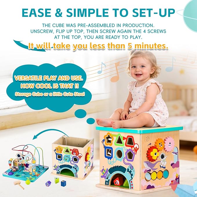 Pre-Assembled 9 in 1 Wooden Activity Cube. Educational Learning Toy for Kids with Bead Maze, Shape Sorter and Music Gears and More. for Toddlers 18 Month+. Birthday Gifts for Boys and Girls