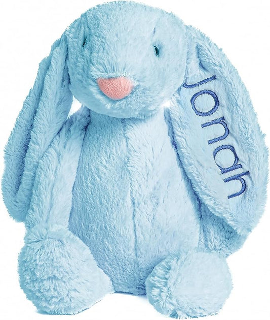 Personalized Super Soft Plush Bunny - Stuffed Animal Toy for Kids - Custom Gift with Embroidered Name on Ear for Easter, (Blue, Medium)