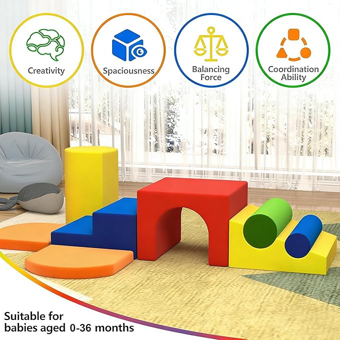 8-Piece Colourful Soft Play Set, Foam Climbing Blocks for Toddlers, Climbing Toys for 1 Year Old, Inside Crawling & Sliding Foam Baby Climbing Blocks
