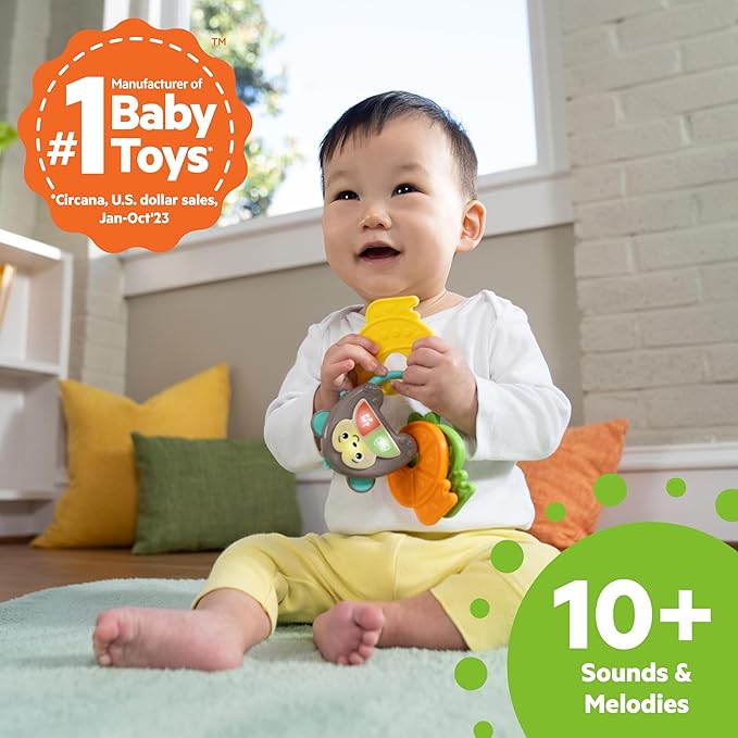 Bright Starts Musical Monkeys Baby Toy - Sensory Toy with Lights, Textured Fruit Keys Teethers, and 10+ Car Sounds, for Ages 6 Months+