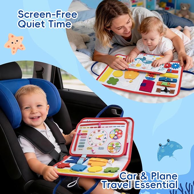 Busy Book for Toddlers - Montessori Sensory Toys for Travel, 4-Page Fine Motor Activity Board Gift for Boys & Girls (Ocean)