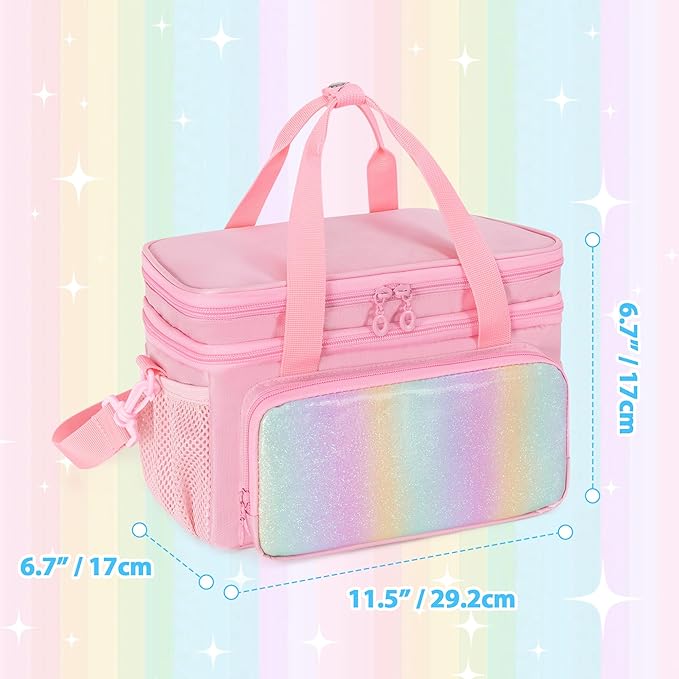 GRAOSO Hair Bow Organizer for Baby Girls, Double Layer Hair Accessories Storage Bag, Rainbow Sequins Design, with Handle and Detachable Shoulder Strap (Case only) (Pink)