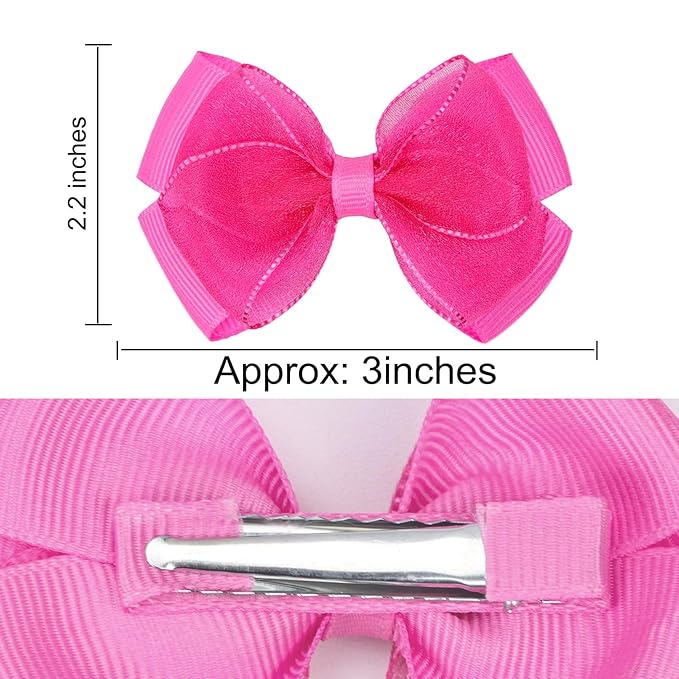 Tiny 3 Inch Organza Double Hair Bow Clips - Lined Boutique Alligator Hairpin for Baby Girls, Toddlers, and Little Teens - Kids Barrettes Set of 2 Small Stylish (Deep Hot Pink)