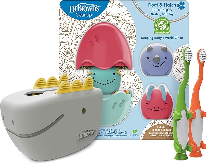 Dr. Brown's Baby and Toddler Toothbrush, Green and Orange Dinosaur 2-Pack 1-4 Years, CleanUp Float & Hatch Dino Eggs Bath Toy, 6m+, Dino-Soft Baby Bath Spout Cover, BPA Free, Certified Plastic Neutral
