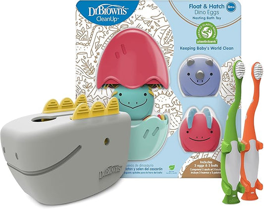 Dr. Brown's Baby and Toddler Toothbrush, Green and Orange Dinosaur 2-Pack 1-4 Years, CleanUp Float & Hatch Dino Eggs Bath Toy, 6m+, Dino-Soft Baby Bath Spout Cover, BPA Free, Certified Plastic Neutral