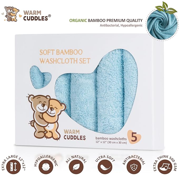 Soft Baby Washcloths Set - Absorbent Natural Baby Wash Cloth for Delicate Skin - 12"x12" Large Baby Bath Washcloths - Newborn Bath Face Towel (Blue)