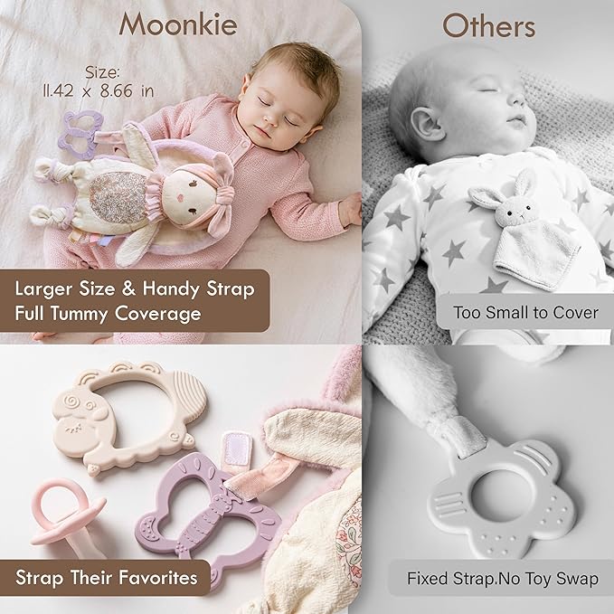 Moonkie Baby Lovey with Silicone Teether, Bunny Security Blanket with Textured Ribbons, Crinkle Toys, Soft Minky Velour & Natural Cotton, Newborn Girl Gift for Baby Shower or Birthday