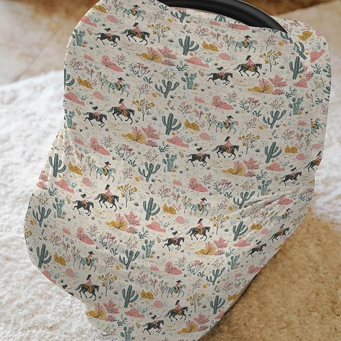 Vintage Western Cowgirl Baby Car Seat Covers Retro Cowgirl Horse Cactus Stretchy 5-in-1 Cover Adjustable Infant Carseat Canopy Cover Wild Desert Country Breathable Nursing Cover-Up