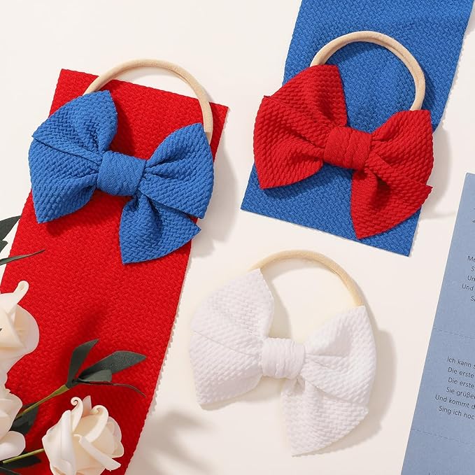 yoyokid 4th of July Headband, 3pcs Baby Girls Hairband Red White and Blue Bows Elastic Hair Bands Patriotic Accessories for Newborn Little Girls Kids Infant