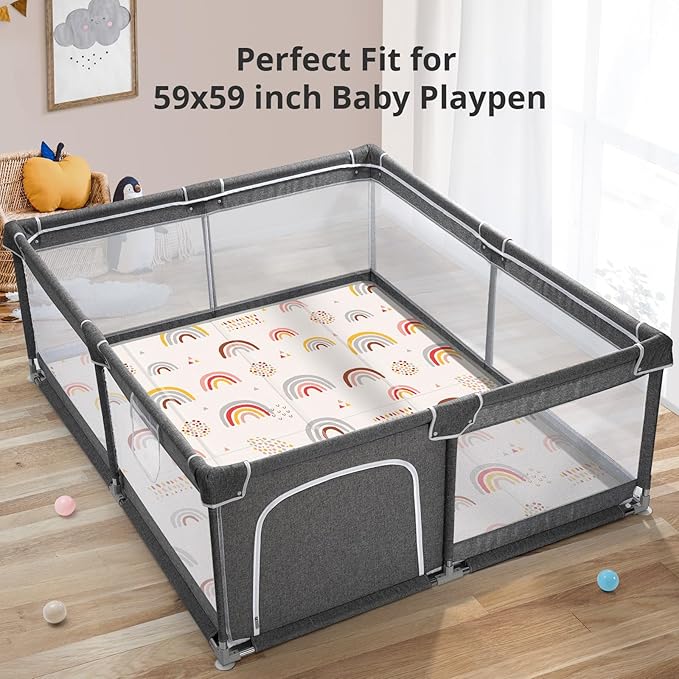 PIGLOG Baby Play Mat, Middle 59X59" Playmat for Playpen, 0.8 Inch Thick Foldable Baby Crawling Mat, Portable Playmat for Babies and Toddlers, Infants, Toddler, Kids