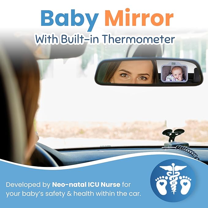 Theromirror - Baby Car Mirror with Temperature Display, Rear Facing Car Seat Mirror, Newborn Essentials, Wide Angle (Gray)