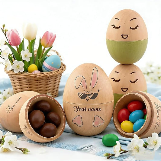 Personalized Musical Easter Egg Shaker 2026, Custom Engraved Wooden Easter Eggs Gifts for Kids Baby (Hollow Customizable Wooden Eggs)