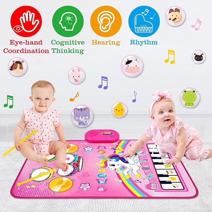 Toys for 1 Year Old Girl Gifts: Baby Music Mat Toddler Toys Age 1-2 - 3 in 1 Piano Drum Animal Touch Unicorn Toy - Infant Musical Toy 12-18 Months Babies Birthday Easter Gifts for 1 2 3 Year Old Girls