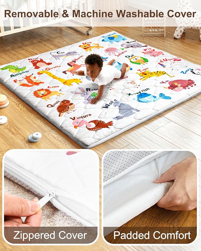 Foam Baby Play Mat 50x50, Removable and Machine Washable Cover, Thicken Cushioning Playmat and Perfect for Playpen, Non-Slip Bottom, Easy to Clean for Infants, Toddlers & Babies(Animal)