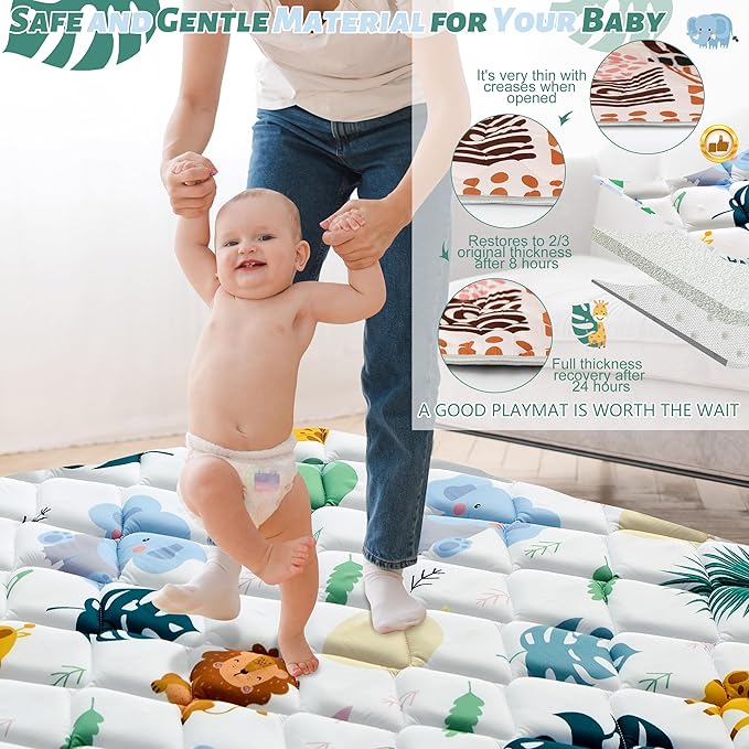 Baby Play Mats for Floor, Playpen Mat for Babies, Extra Thicker & Soft Floor Crawling Mat, Foldable Non-Slip Playmat Cushioned for Infants Toddlers (White-green, 50x50 Inch)