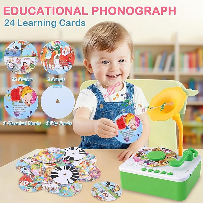 Children's Phonograph and Baby Record Player, Equipped with 96 Story Cards, Songs and Phonograph Records (Green Model)