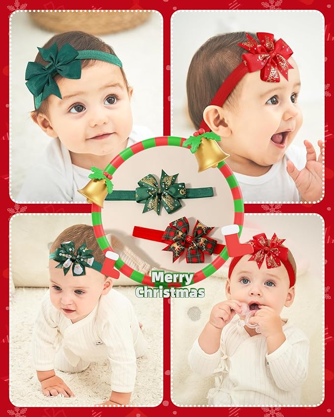jollybows 10pcs Christmas Baby Bows Headbands Soft Stretchy Grosgrain Ribbon Hairbands with Bows Christmas Headbands Hair Accessories for Newborn Baby Girls Infant Toddlers Kids