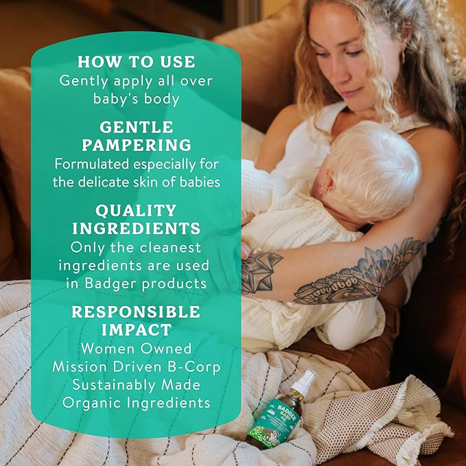 Badger Baby Oil, 100% Organic Ingredients to Soften & Moisturize Dry Skin or Cradle Cap, Soothing Vegan Organic Baby Oil, 4 fl oz Glass Bottle