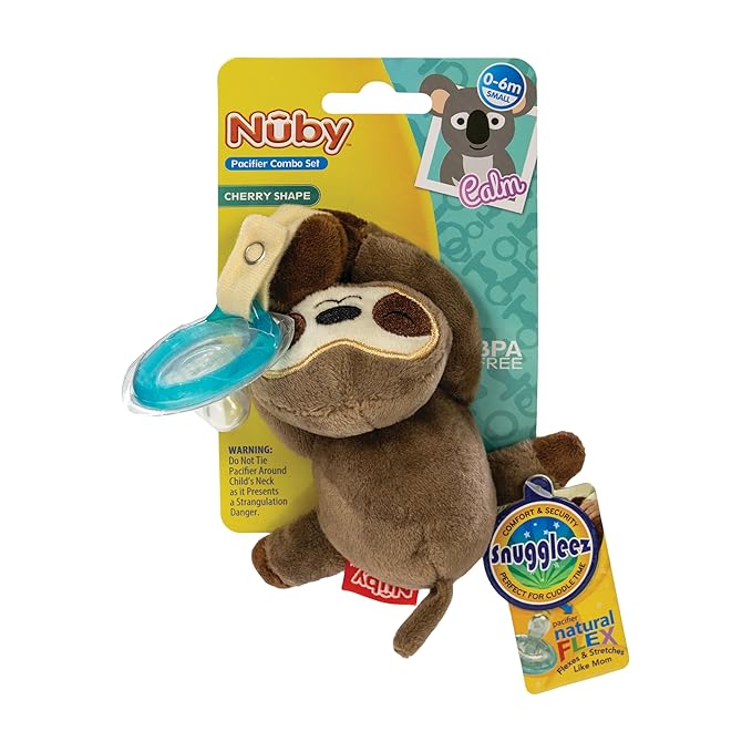Nuby Soft Plush Pacifinder with Detachable Silicone Pacifier: 0-6 Months, Sloth, Natural Cherry Shape, Brown, one Size