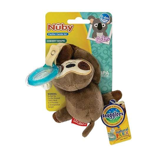 Nuby Soft Plush Pacifinder with Detachable Silicone Pacifier: 0-6 Months, Sloth, Natural Cherry Shape, Brown, one Size