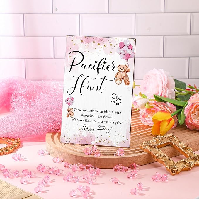 Roowest 51 Pcs Pacifier Hunt BabyShower Games Include Wooden Hunt Sign and 50 Acrylic Mini Plastic Pacifiers for BabyShower Game Decoration Gift Sets Gender Reveal Party(Bear,Pink)