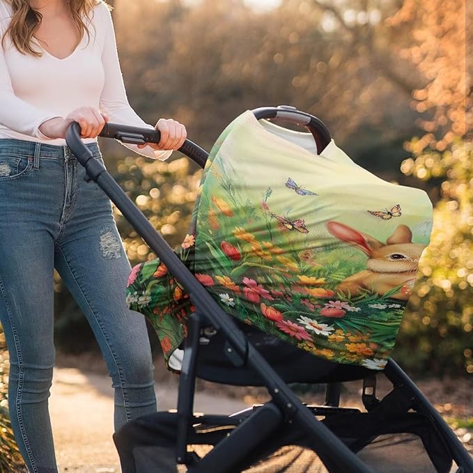 Wanyint Easter Rabbit Butterfly Flower Car Seat Covers Baby Car Canopy Shopping Cart Cover Scarf Lightweight Stroller Cover Women Mother Nursing Breastfeeding Covers