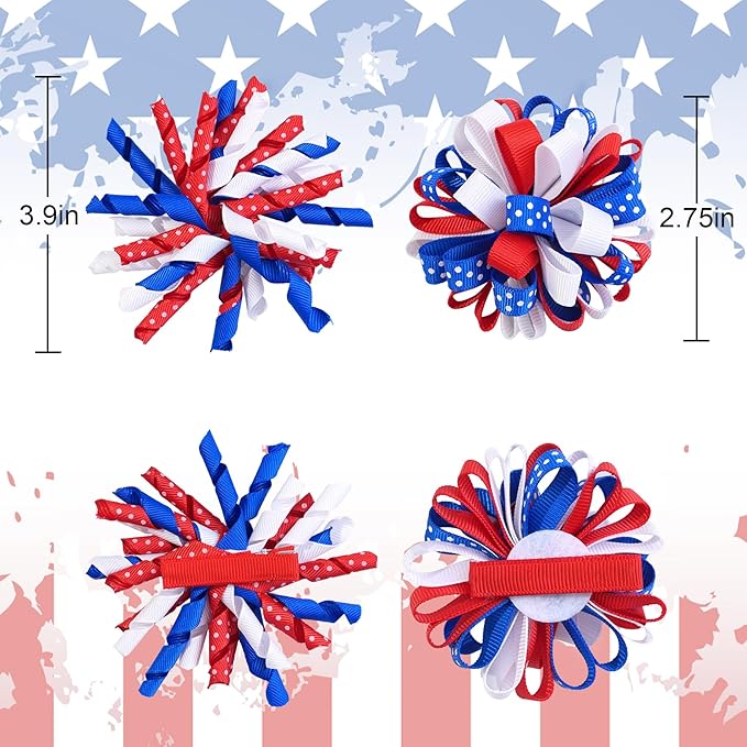 Patriotic Korker Hair Bow Clips Hair Accessories for Kids Girls 4th of July Party Accessories Red White Blue Bows Favors Decorations 4pcs