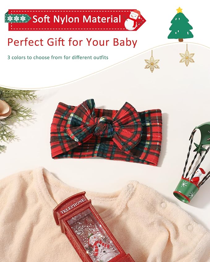 jollybows 3 PCS Baby Girls Headbands Soft Stretchy Nylon Hair Bows Handmade Bows for Baby Girls Infants Newborn Toddlers Kids - White, Dark Green, Christmas Red Grid