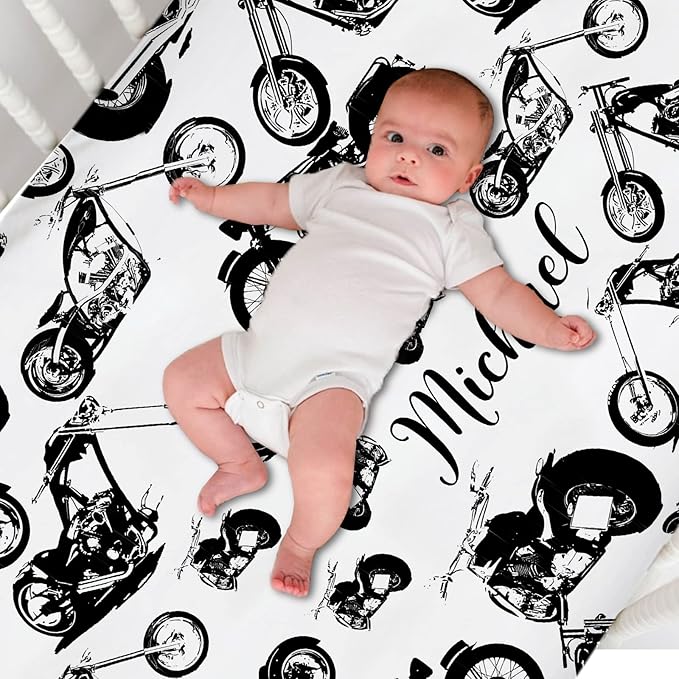 Personalized Pack and Play Sheets with Name, Custom Name Baby Mini Crib Sheets for Baby Boys, Name Pack n Play, Fitted Sheet with Name, Soft and Breathable Material (Motorcycle)