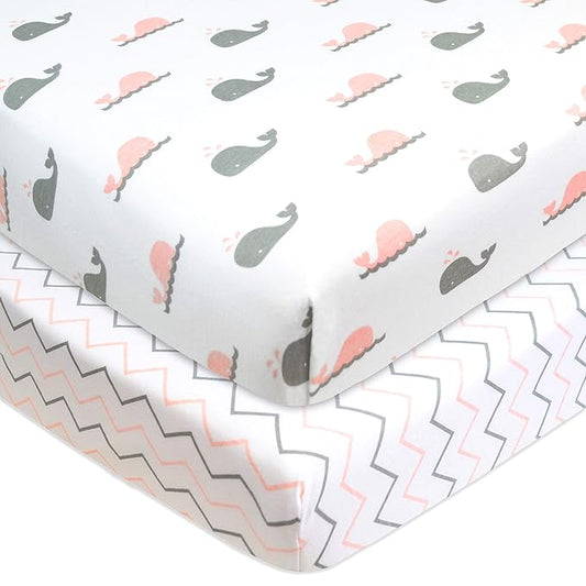 American Baby Company 2 Pack 100% Natural Cotton Fitted Pack and Play Sheets 39" x 27" - Soft & Breathable Pack N Play Sheets for Playard & Mini Crib Mattress, Pink Whale/Zigzag, for Boys & Girls