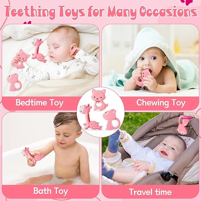 Valentine Silicone Teether for Babies - 2ooya 3Pcs Pink Cat Fox Giraffe Infant Teething Chew Toys, Easy to Grasp Toddler Sore Gums Pain Relief Toy for Newborn Boy Girl Baby Shower Valentine's Day Gift