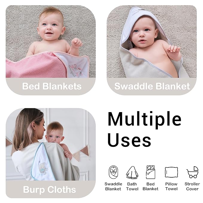 Viviland Baby Towels and Baby Wash Cloths Set Hooded Baby Towels Baby Wipes Absorbent Bath Face Towels Burp Cloths or Face Towels for Girl Boy 6-Pack Size 28 x 28 Inch(Blue Elephant)
