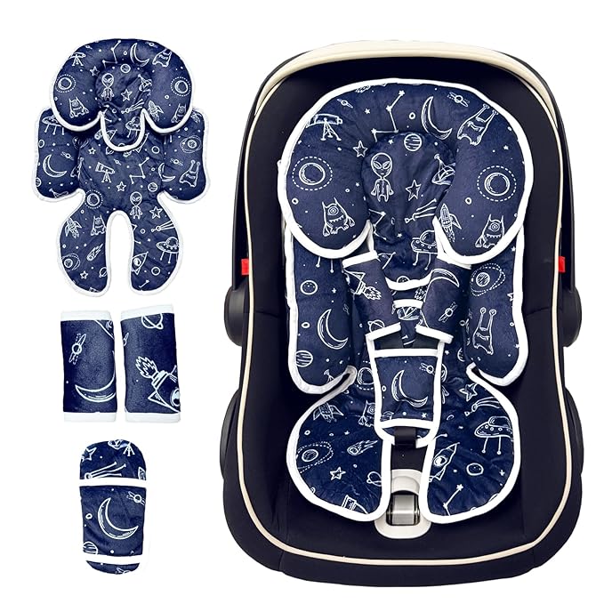 Infant Car Seat Insert, 2 in 1 Carseat Head Neck Pillow for Newborn, Baby Carriage Pad with Strap Covers, Universal Seat Pad for Carseats, Stroller, Swings, Bouncer, Planet (Navy Blue)