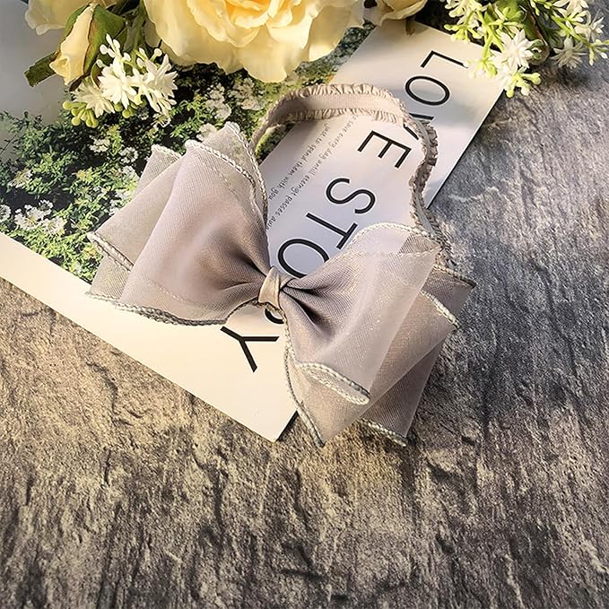 Cute Lace Bow Baby Girls Headbands Large Knot Hair Band Soft Chiffon Hairband Elastic Shower Hair Accessories for Newborn Infant Toddler Kids (Grey A, Elastic)