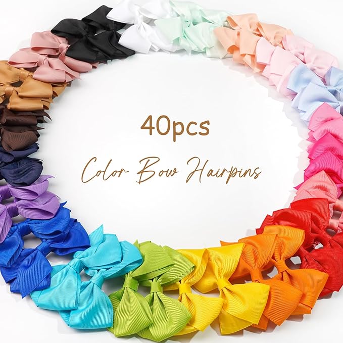 4 inch Hair Bows for Girls in Pairs, 40 Colors Grosgrain Ribbon Bow with Alligator Hair Clips for Baby Girls Toddlers and schoolgirls.