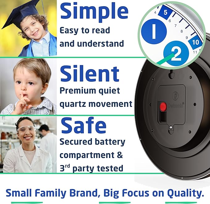 OWLCONIC Clock for Kids – Educational Analog Learning Wall Clock, Non Ticking Teaching Clock for Classroom & Homeschool, Silent Kids Bedroom Décor Blue Green