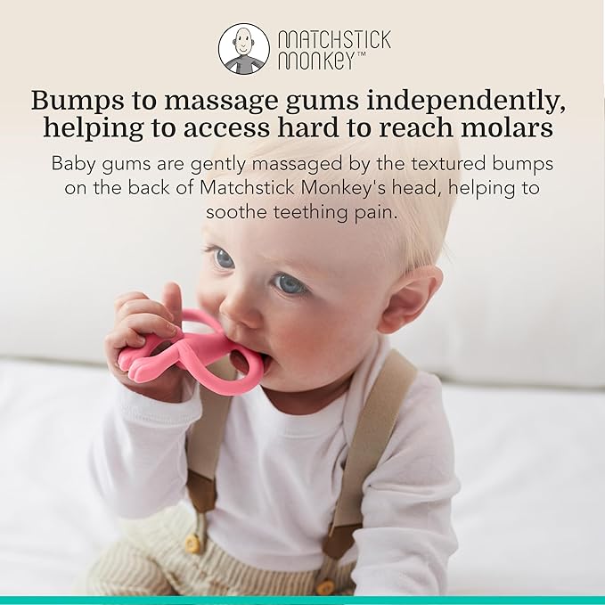Matchstick Monkey Silicone Teether & Gel Applicator – Silicone Baby Teether, Easy-to-Grip, BPA-Free, Supports Self-Soothing & Early Brushing, 3 Months+, 4 Inches, Pink