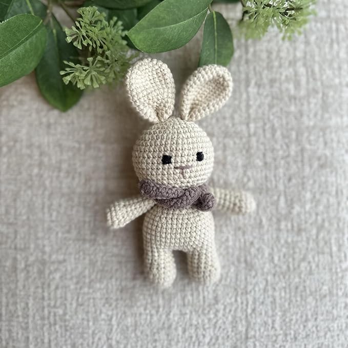 Generic Organic Cotton Handmade Crotchet Bunny Rattle, Toy, teether and Pacifier Holder Baby Shower/Birthday Gift Set., beige